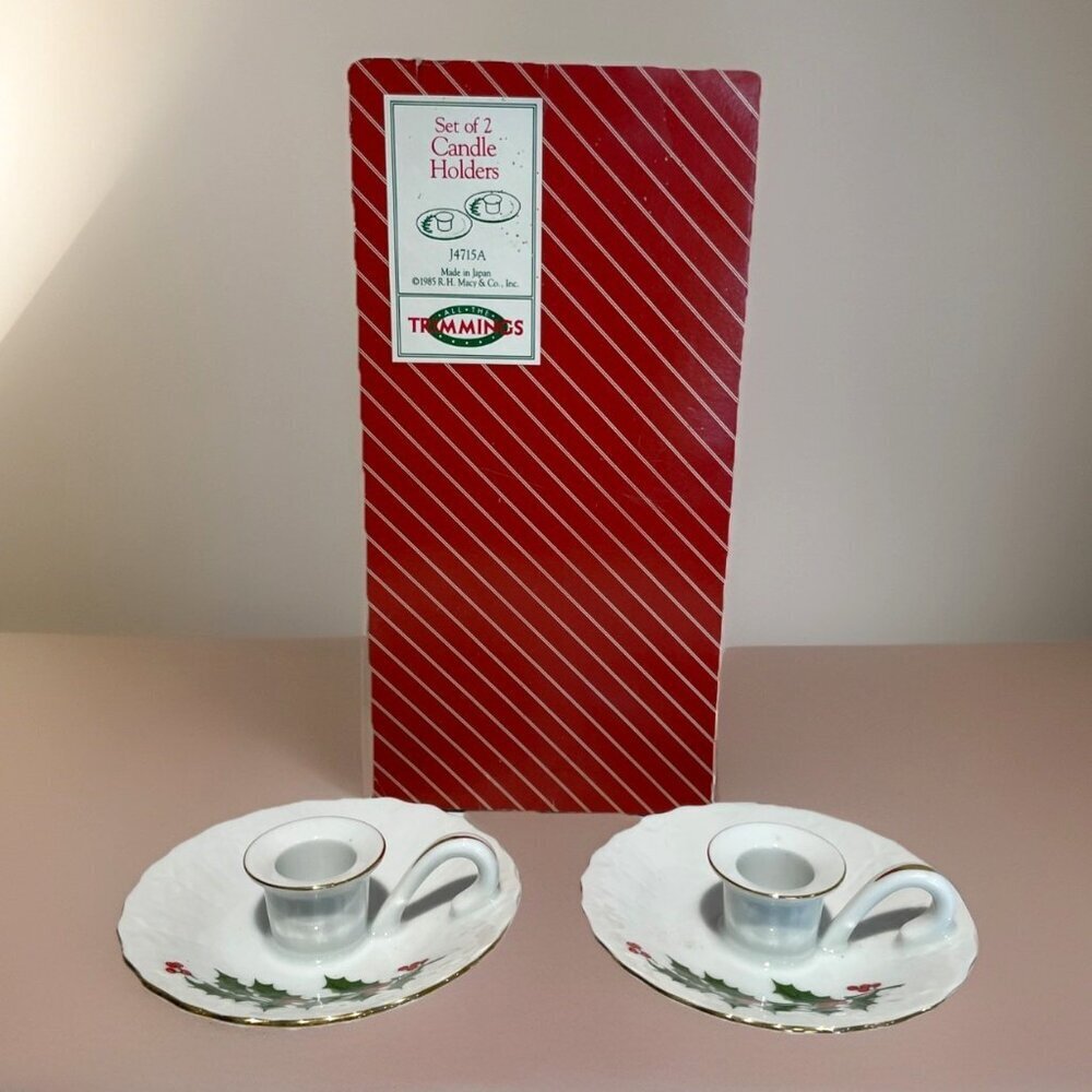 Vintage 2 Christmas Holly Berry Candle Holders Ceramic All the Trimmings 1985
